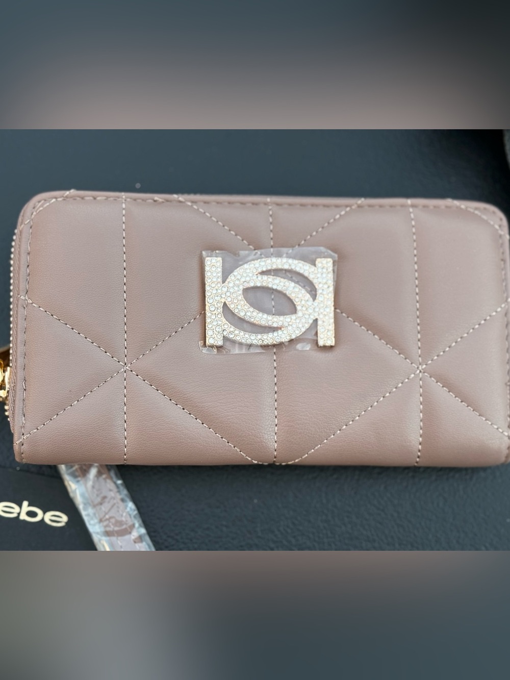 bebe Quilted Wallet with Crystal Logo - Taupe